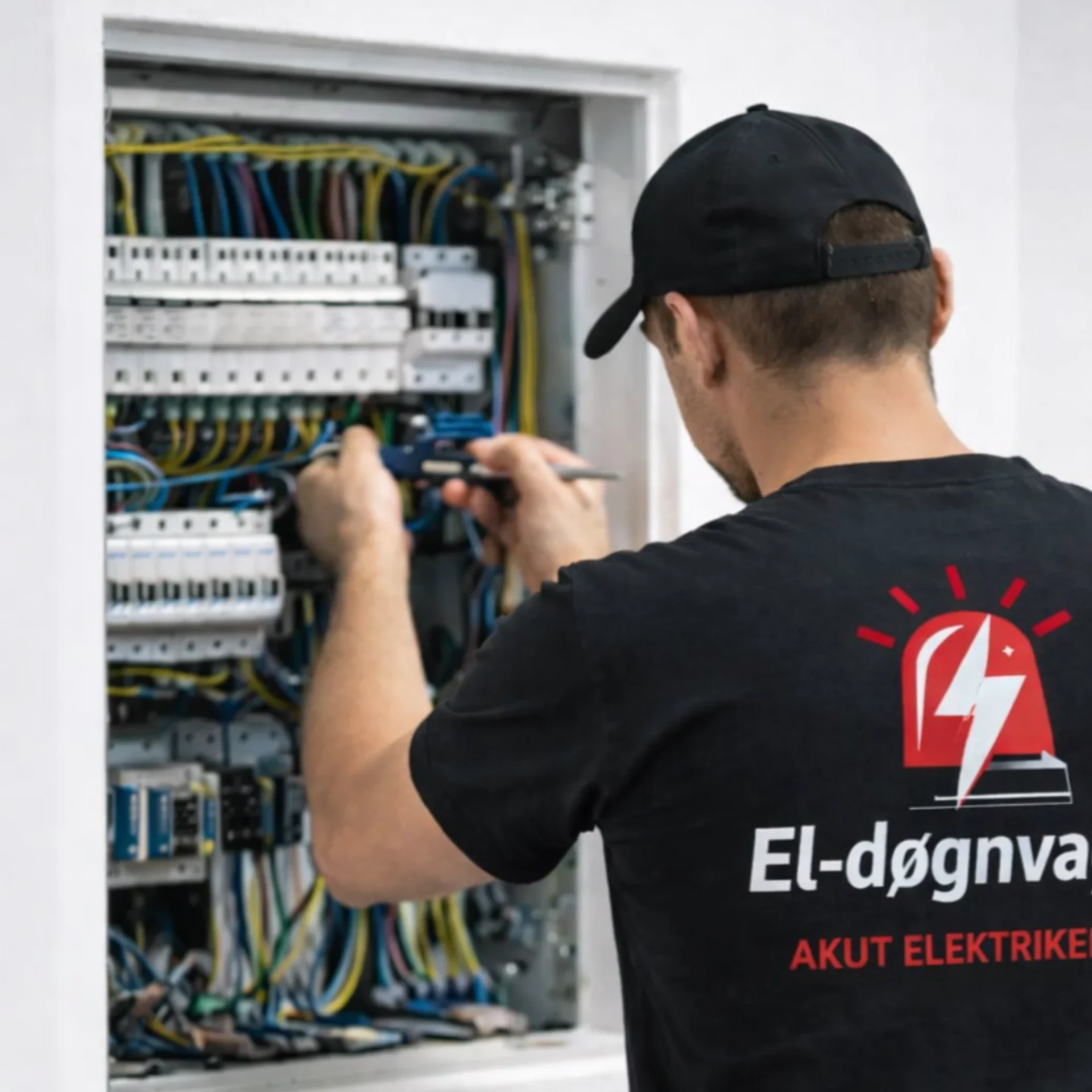 Elektriker arbejder på el-tavle med værktøj.